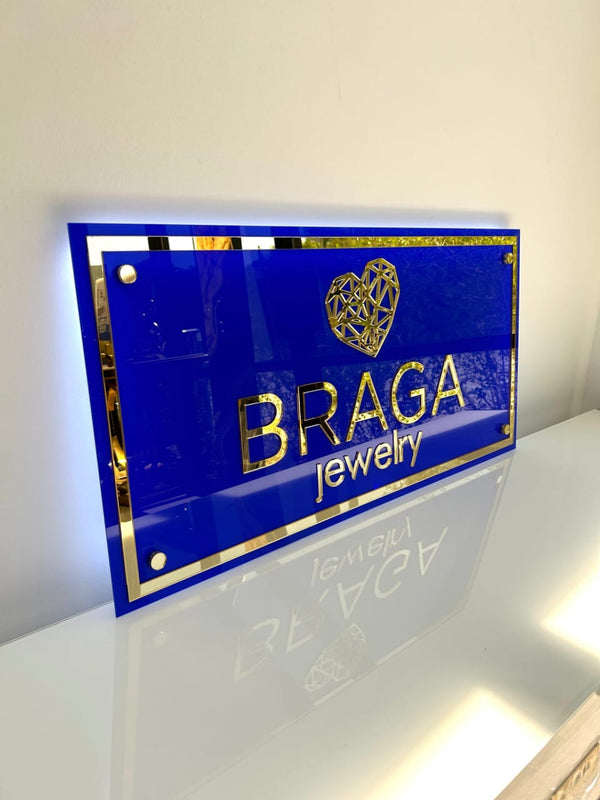 Premium Acrylic Backlit Sign – Elegant Blue &amp; Gold Finish